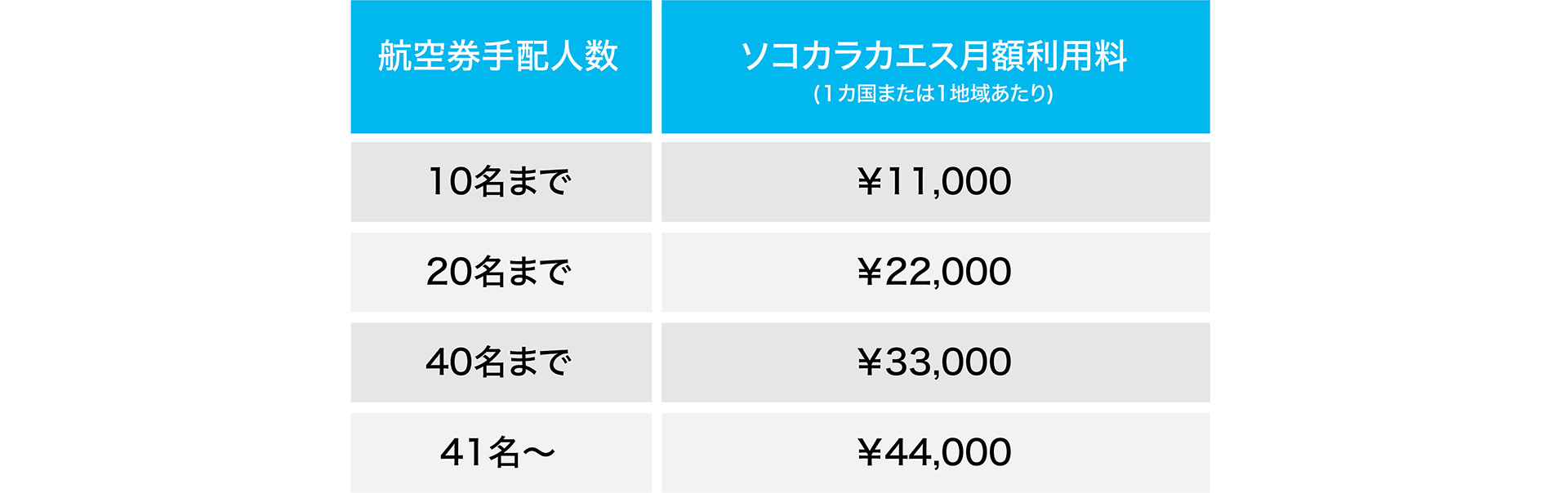 航空券手配人数 | ソコカラカエス月額利用料(税込）